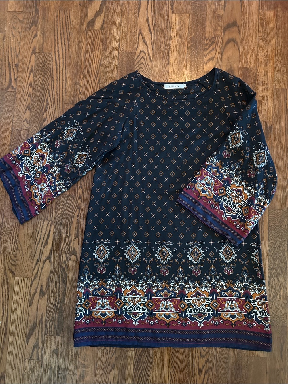 Risesun Black Printed 3/4 Sleeve Bohemian Shift Dress Medium